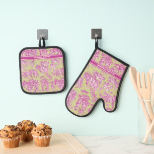 Vintage Green Pink French Toile de Jouy Pattern Oven Mitt & Pot Holder Set