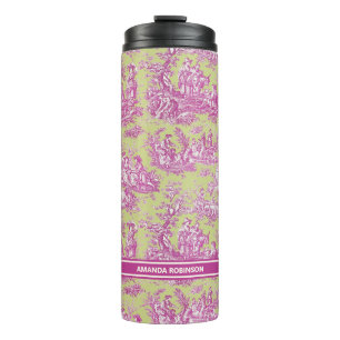 Vintage green pink toile de jouy printed thermal tumbler