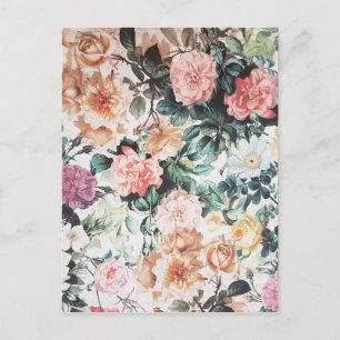 Vintage green pink yellow watercolor roses floral. postcard