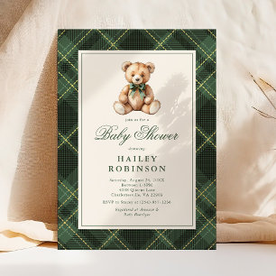 Vintage Green Plaid Classic Teddy Bear Baby Shower Invitation
