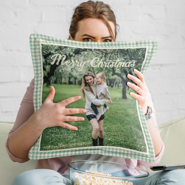 Vintage Green Plaid Gingham Rustic Photo Christmas Cushion (Creator Uploaded)