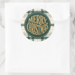 Vintage Green Plaid Merry Christmas Classic Round Sticker
