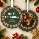 Vintage Green Plaid Pattern One Photo Christmas Tree Decoration Card<br><div class="desc">Create unique ornament cards this Christmas with this hand drawn vintage Paper Ornament Card Design. Featuring red and green plaid style stripy background, retro font that reads 'Merry Christmas' with space for your family name underneath; on the back there is a round frame for one custom photo. Use these timeless...</div>