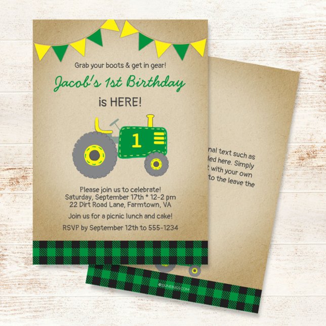 Vintage Green Plaid Tractor Birthday Invitation (Creator Uploaded)