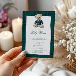 Vintage Green Polo Teddy Bear Boy Baby Shower Invitation