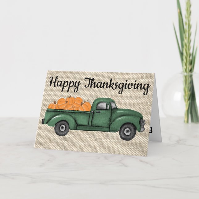 Vintage Green Pumpkin Truck Thanksgiving Card (Front)