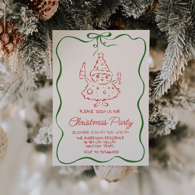 Vintage Green Red Christmas Champagne Tree Party Invitation (Creator Uploaded)