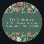 Vintage Green Red Floral Christmas Return Address  Classic Round Sticker<br><div class="desc">Vintage Green Red Floral Muted Custom Merry Christmas Return Address Classic Round Sticker</div>