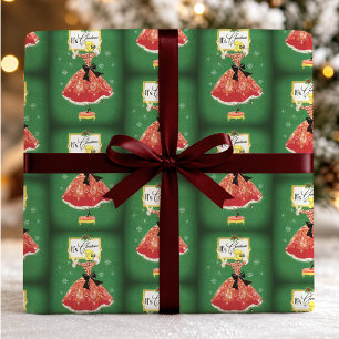 Vintage Green Red Glam Christmas Girl Frame Wrapping Paper