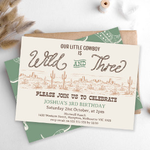Vintage Green Rodeo Wild and Three 3rd Birthday  Invitation