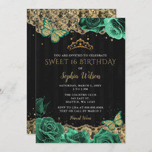 Vintage Green Roses Black Gold Lace Sweet 16 Invitation
