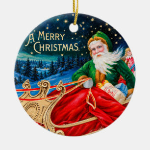 Vintage Green Santa Sleigh Starry Night Christmas Ceramic Tree Decoration