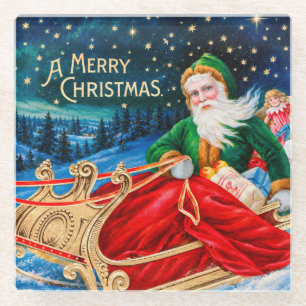 Vintage Green Santa Sleigh Starry Night Christmas Glass Coaster