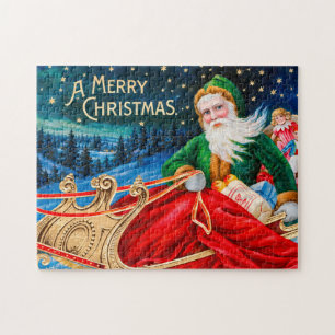 Vintage Green Santa Sleigh Starry Night Christmas Jigsaw Puzzle
