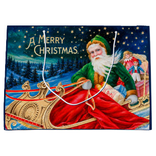 Vintage Green Santa Sleigh Starry Night Christmas Large Gift Bag