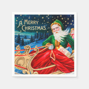 Vintage Green Santa Sleigh Starry Night Christmas Napkin