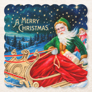 Vintage Green Santa Sleigh Starry Night Christmas Paper Coaster