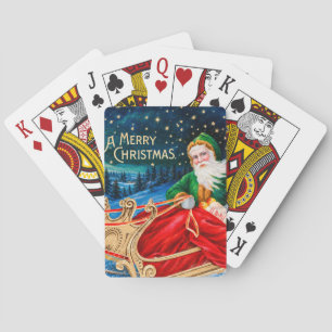 Vintage Green Santa Sleigh Starry Night Christmas Playing Cards