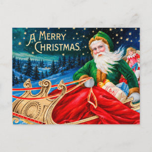 Vintage Green Santa Sleigh Starry Night Christmas Postcard