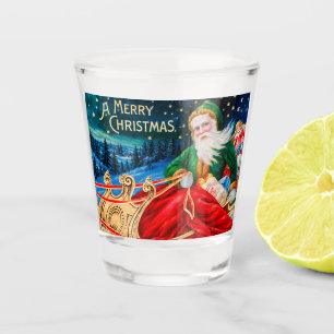 Vintage Green Santa Sleigh Starry Night Christmas Shot Glass