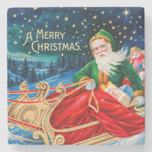 Vintage Green Santa Sleigh Starry Night Christmas Stone Coaster