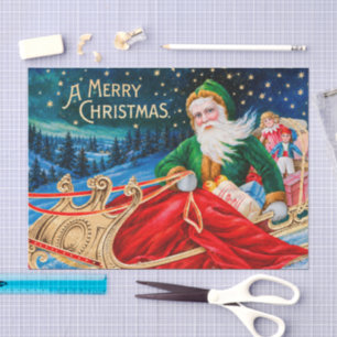 Vintage Green Santa Sleigh Starry Night Christmas Tissue Paper