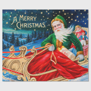 Vintage Green Santa Sleigh Starry Night Christmas Wrapping Paper