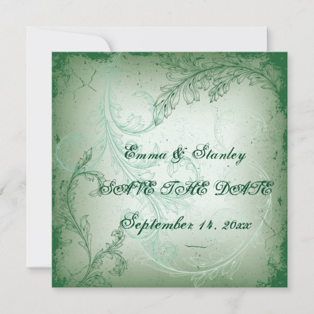 Vintage green scroll leaf wedding Save the Date (Front)