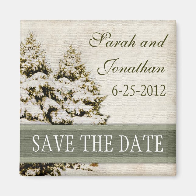 Vintage Green Snowflakes Save The Date Magnet (Front)
