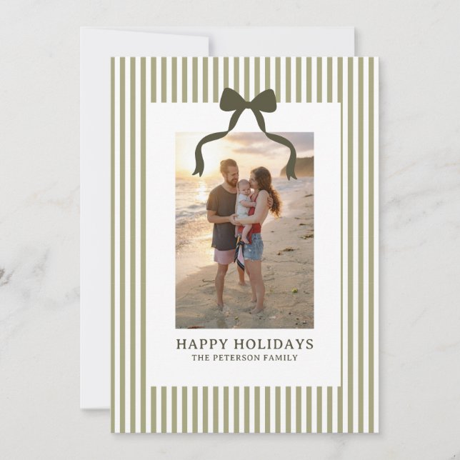 Vintage Green Stripes And Bow Photo Holiday Card (Front)