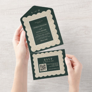 Vintage Green Stripes Monogram Lace Wedding All In One Invitation