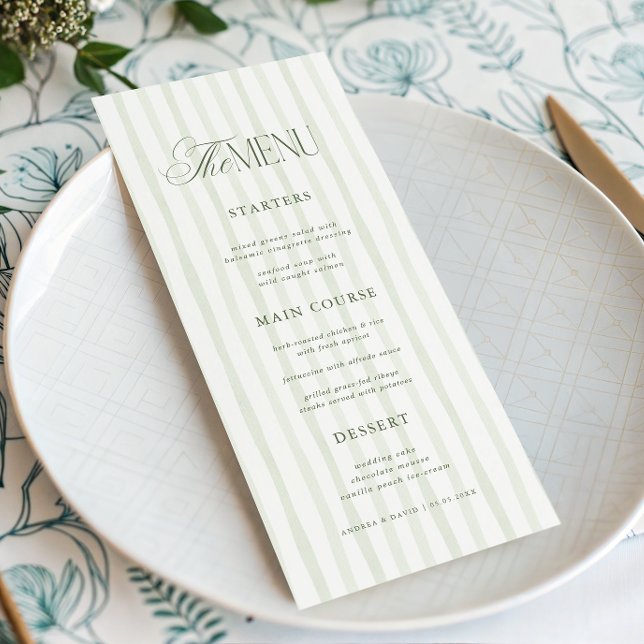Vintage Green Stripes Timeless Luxe Script Wedding Menu (Creator Uploaded)