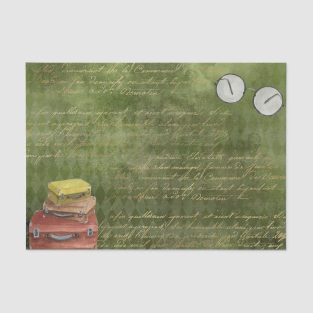 Vintage Green Suitcases and Glasses Decoupage Tissue Paper (Front)