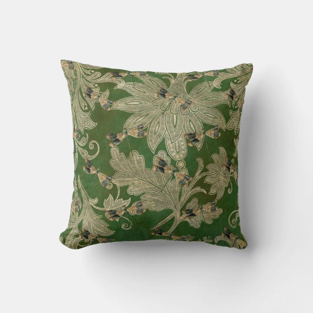 Vintage Green Tan Damask Floral Dragonflies Cushion (Front)