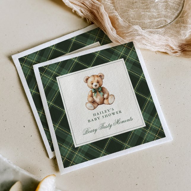 Vintage Green Tartan Teddy Bear Baby Shower Napkin (Creator Uploaded)