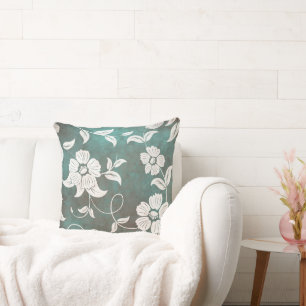 Vintage Green Teal Cream Flowers Cushion