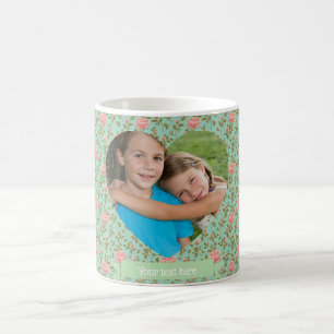 Vintage Green Teal Rose Custom Heart Photo Coffee Mug