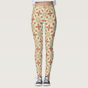Vintage Green & Terracotta Floral Leaf Pattern Leg Leggings