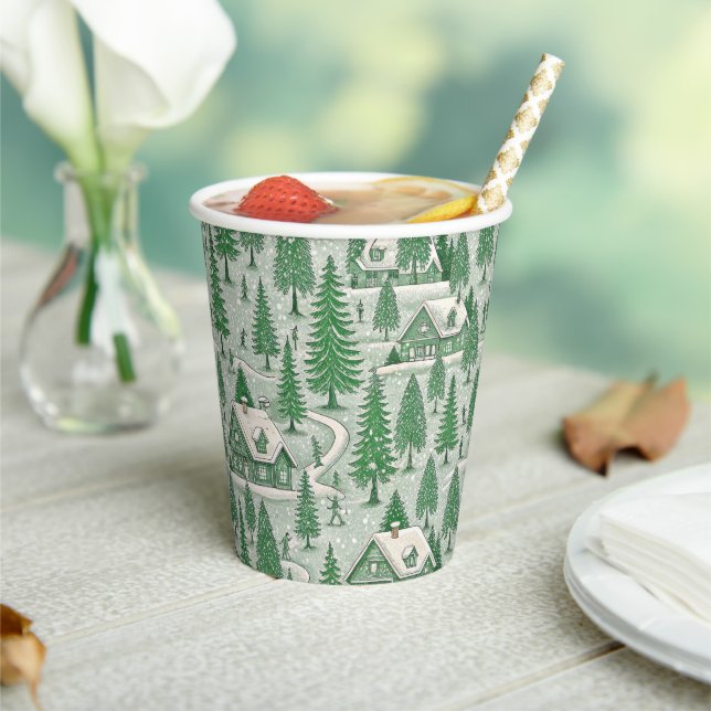 Vintage Green Toile Christmas Holiday Paper Cups (Insitu)