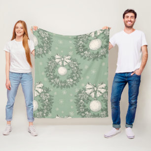 Vintage Green Toile Christmas Wreath Fleece Blanket