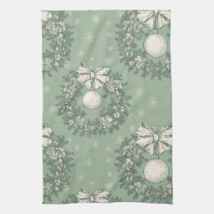 Vintage Green Toile Christmas Wreath Tea Towel