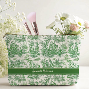 Vintage green toile de jouy printed accessory pouch