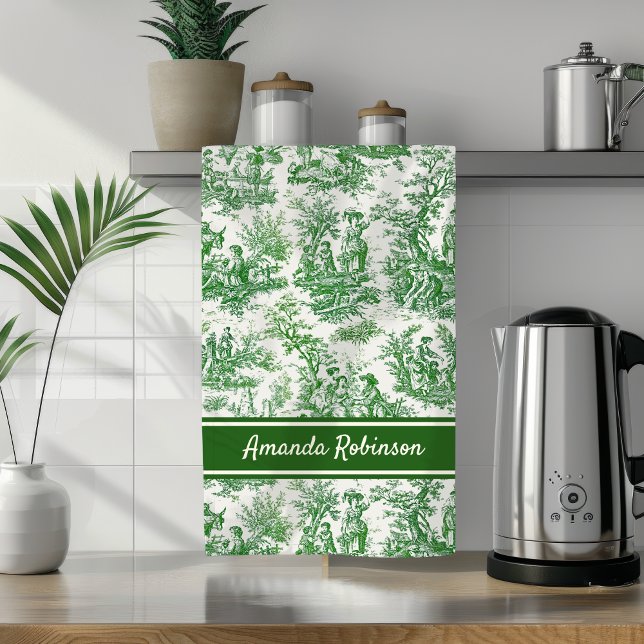 Vintage green toile de jouy printed tea towel (Creator Uploaded)
