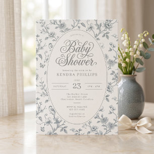 Vintage Green Toile Floral Baby Shower Invitation