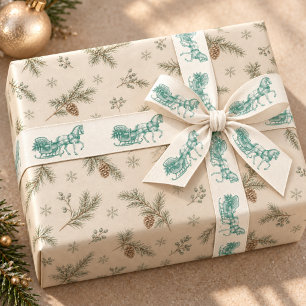 Vintage Green Toile Horse Sleigh Christmas Satin Ribbon