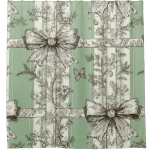 Vintage Green Toile Ribbon Shower Curtain