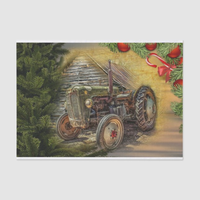 Vintage Green Tractor Barn Christmas Tissue Paper (Front)