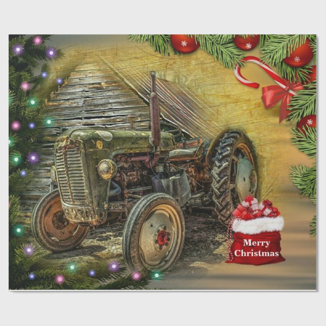 Vintage Green Tractor Christmas Wrapping Paper (Flat)