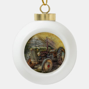 Vintage Green Tractor Rustic Old Barn Ceramic Ball Christmas Ornament