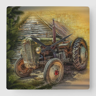 Vintage Green Tractor Rustic Old Barn Square Wall Clock